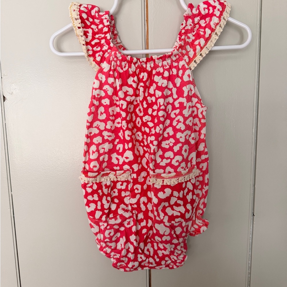 Girls Red & White Leopard-Print Cotton Romper with Lace Trim
